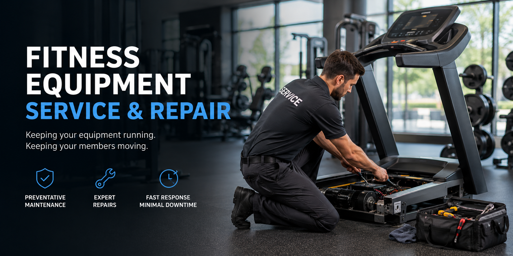 Fitness equipment service and repair technician working on a treadmill