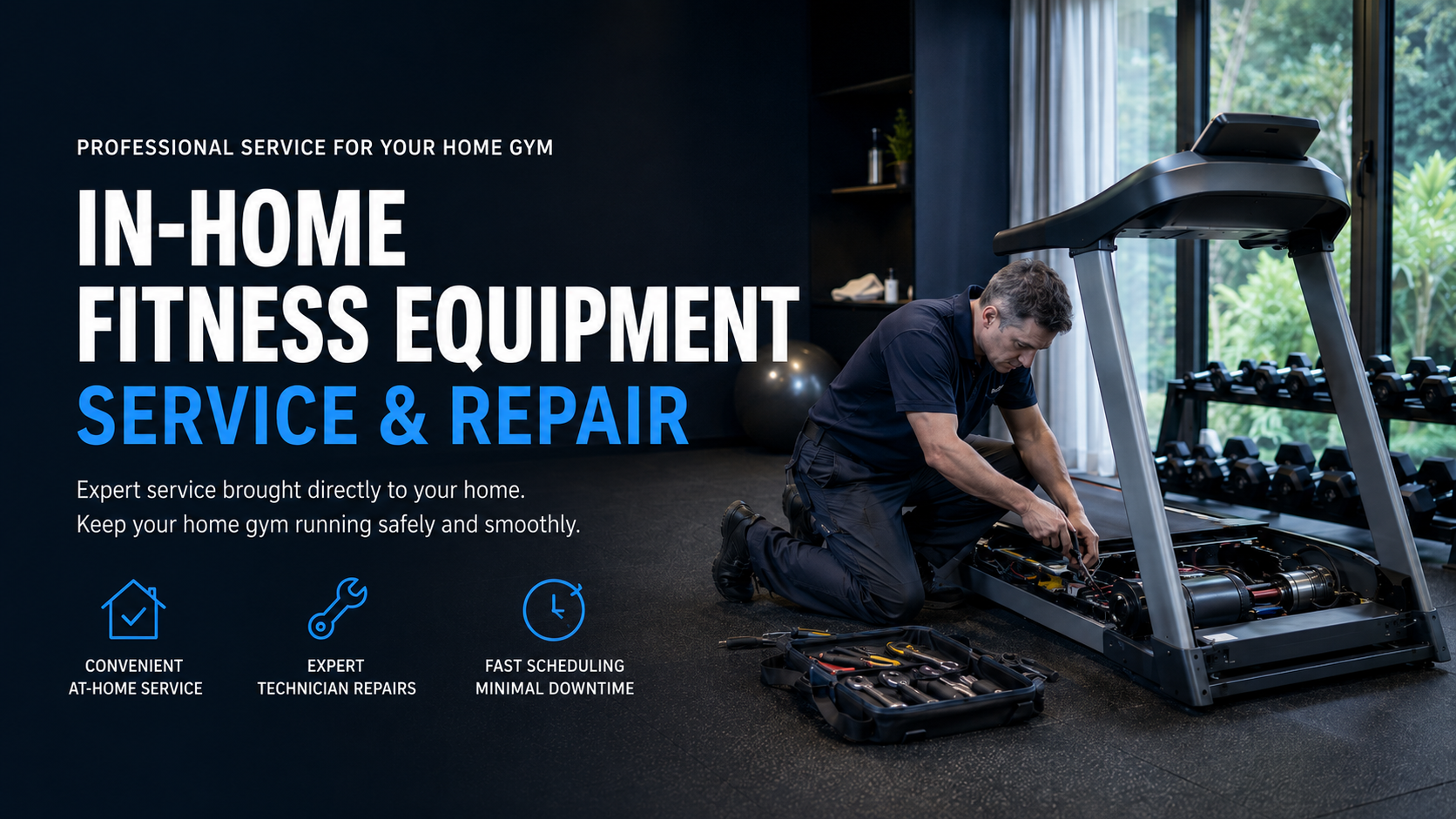 In-home fitness equipment service technician repairing fitness equipment